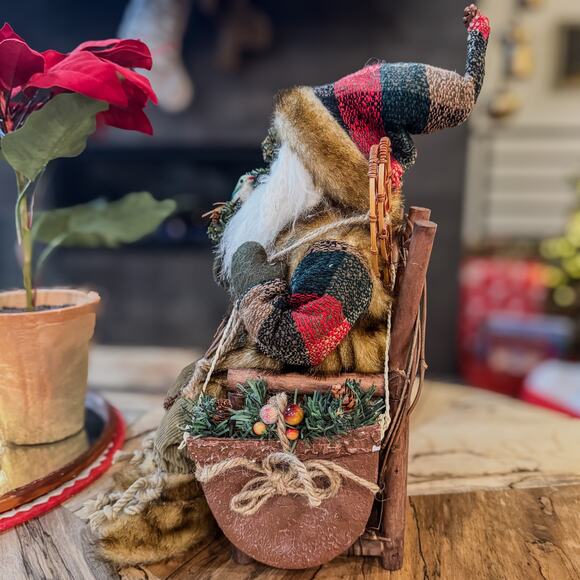 Woodland Mountain Man Santa in Wooden Twig Chair w/ Bird & Snow Shoes, 14"H - Picture 11 of 15